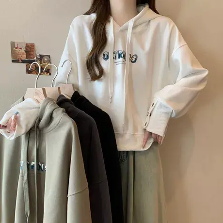 抽绳连帽卫衣女春秋季薄款宽松韩版袖口纽扣设计感小众短款上衣潮商品大图