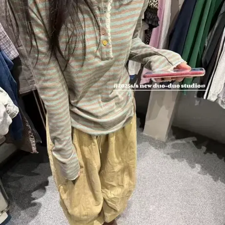 花边圆领拼色条纹长袖T恤女早秋设计感休闲风显瘦百搭套头上衣潮商品大图