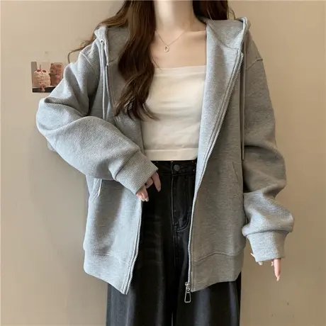 vintage连帽衫卫衣女秋季百搭宽松显瘦学生休闲薄款华夫格上衣服图片