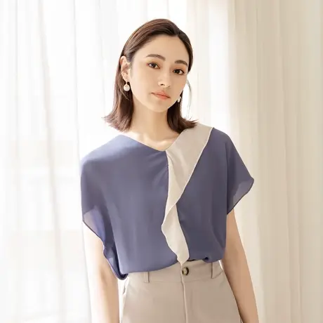 桔熊夏季慵懒小衫不对称撞色荷叶边宽松连袖上衣女装大码AB18518图片