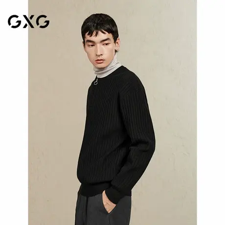 【X】GXG男装半开襟圆领毛衣黑色宽松线衫通勤男针织衫2024冬季品商品大图