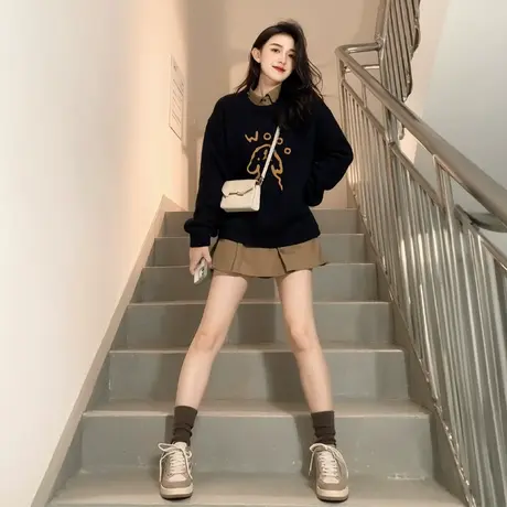 黑色圆领卫衣女2025新款早秋款韩系流行宽松冬季加绒加厚长袖上衣商品大图