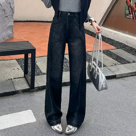 拉夏贝尔黑色提花阔腿牛仔裤女2025秋季今年流行的爆款高腰直筒裤商品大图