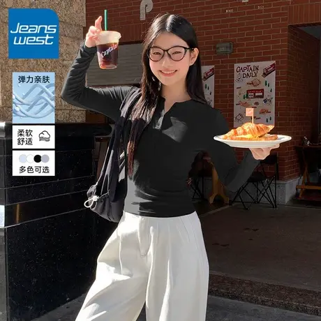 KV真维斯黑色正肩长袖t恤女2025新款秋季开扣修身设计感短款上衣商品大图