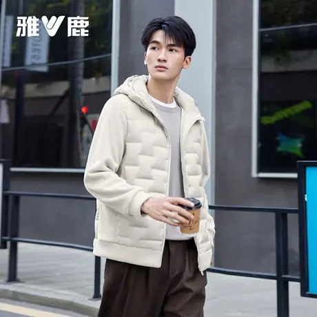 雅鹿摇粒绒拼接运动轻薄羽绒服男款2025秋季新款休闲连帽保暖外套商品大图