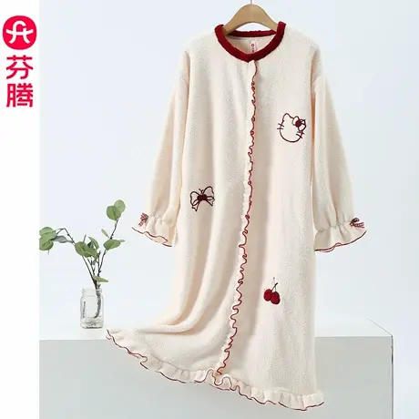 芬腾珊瑚绒睡裙女秋季加绒加厚甜美荷花边外穿家居裙中长款2025年商品大图
