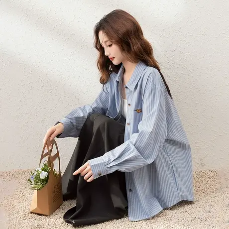 唐狮秋季衬衫女新款长袖条纹日常可爱宽松上衣高级感百搭TM图片