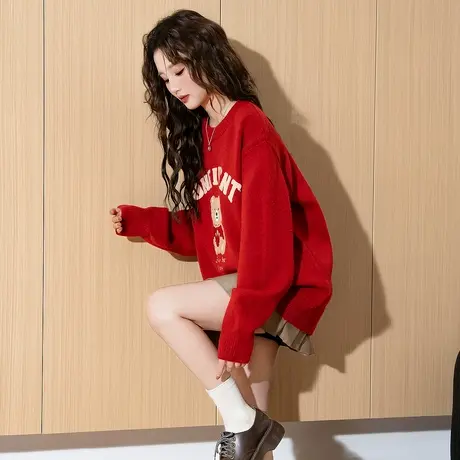 唐狮圆领春季新款白色毛衣女潮流穿搭慵懒风软糯毛衣休闲宽松TD图片