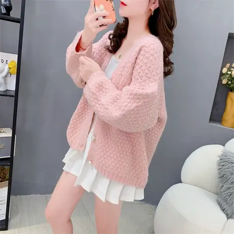 慵懒风V领纯色针织开衫女外穿春秋新款宽松洋气百搭毛衣外套上衣图片