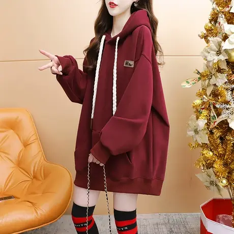 加绒加厚连帽卫衣外套女2023新款秋冬宽松慵懒风百搭复古美式上衣商品大图