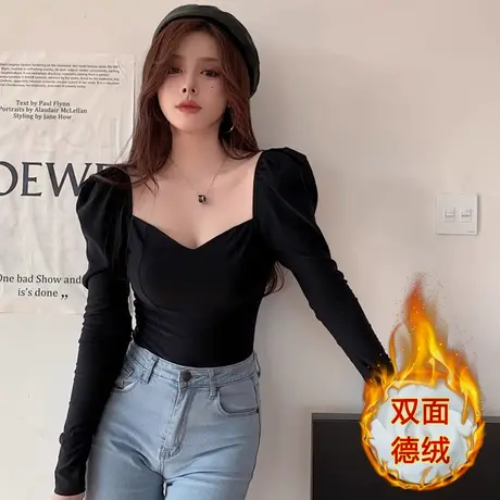 法式辣妹风方领磨毛加厚长袖T恤女秋季新款泡泡袖褶皱短款上衣潮商品大图
