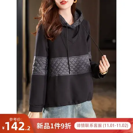 宝诗黎连帽拼接棉质宽松加绒卫衣女秋冬长袖套头打底上衣2023新款商品大图