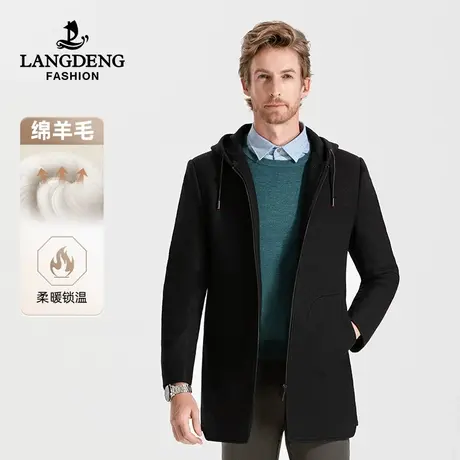 【含羊毛】浪登男士中长款大衣2023秋冬季保暖连帽保暖呢子外套男商品大图