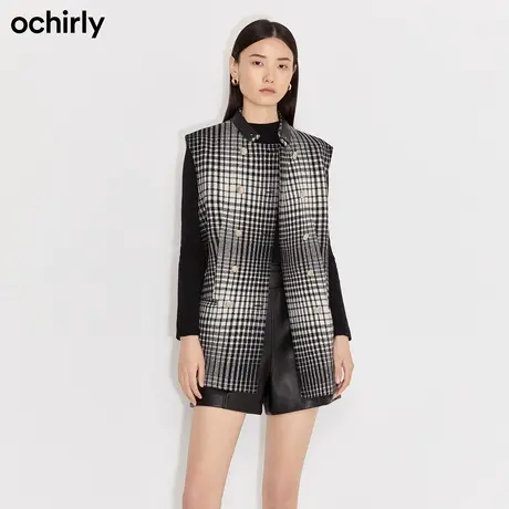 【首降】欧时力 羊毛呢马甲外套女 新款秋冬格纹排扣中长款英伦风商品大图