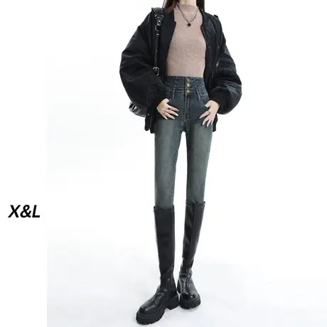 超高腰牛仔裤女秋冬季2023新款复古显瘦铅笔靴裤紧身弹力小脚裤子商品大图