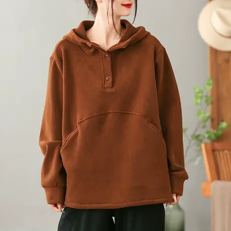 dza 复古双面绒加厚加绒连帽卫衣女秋冬新款宽松长袖保暖上衣外套商品大图