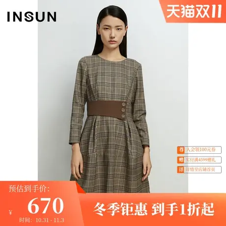 恩裳春季时尚经典格子条纹设计宽松圆领连衣裙图片