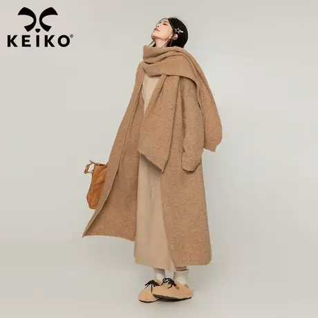 KEIKO [赠围巾] 软糯中长款针织开衫女厚款慵懒风松弛感毛衣外套商品大图