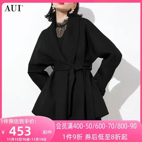 AUI黑色赫本风修身短款毛呢外套女2023冬新款气质小个子呢子大衣商品大图