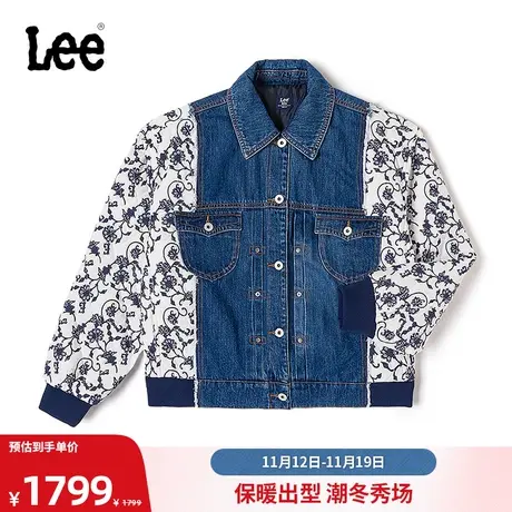 Lee商场同款23秋冬新品舒适版型中国风拼接女牛仔夹克棉服中蓝色图片