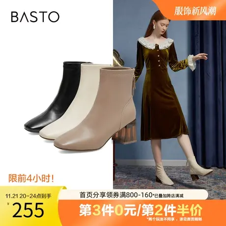 百思图奥莱冬季新款时尚优雅复古方头粗跟时装靴女短靴MD075DD2图片