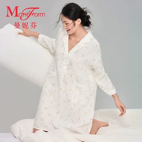 曼妮芬纯棉舒适睡衣圆领长袖长裤套装女士春秋家居服睡裤20310704商品大图