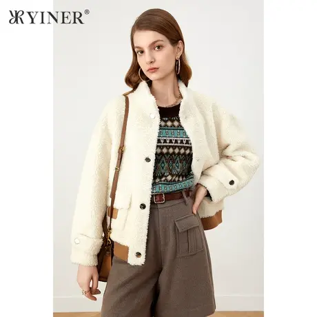 YINER音儿奥莱女装冬季立领撞色羊剪毛外套图片