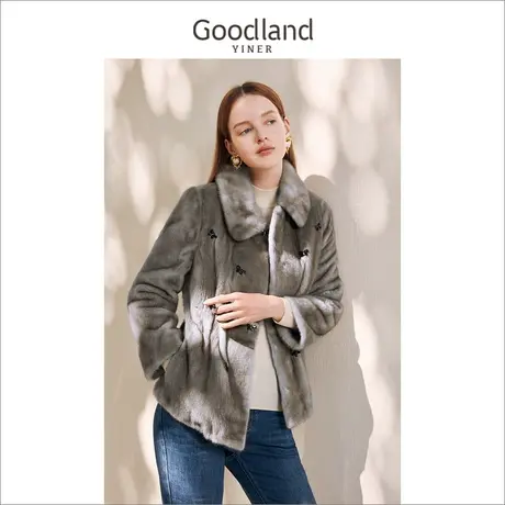 *Goodland美地女装冬季短款蝴蝶装饰翻领水貂毛皮草外套商品大图