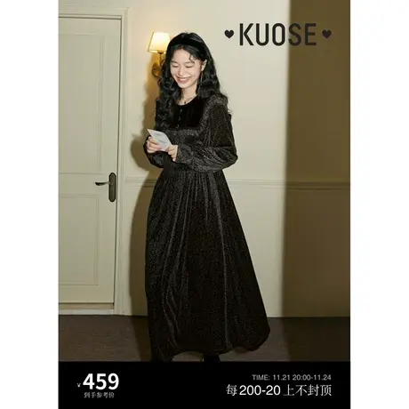 阔色黑棕色丝绒碎花连衣裙女2023秋冬季新款赫本风复古长裙子图片