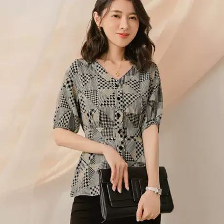 桔熊夏季格子拼接印花Ｖ领雪纺衫高腰绑带短袖上衣女大码AB17109商品大图