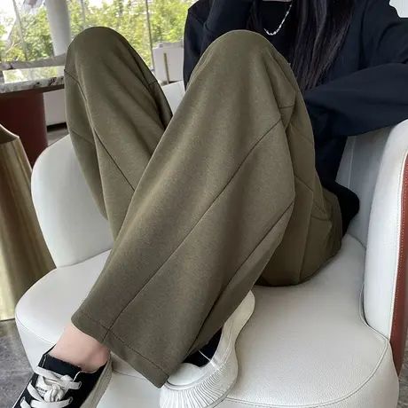 军绿色阔腿裤女运动裤春秋卫裤高腰垂感宽松直筒显瘦小个子休闲裤图片