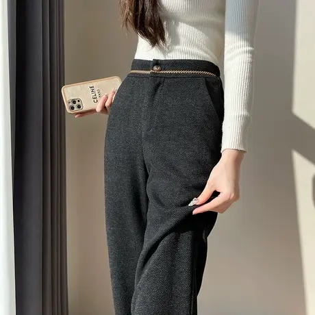 灰色羊绒毛呢高级感休闲裤女秋冬季加厚窄版直筒垂感呢子阔腿裤子商品大图