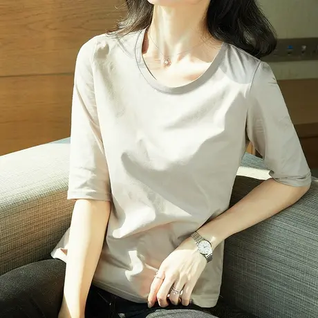 纯棉五分袖T恤女夏季新款打底七分卡其上衣中袖休闲宽松显瘦体恤商品大图