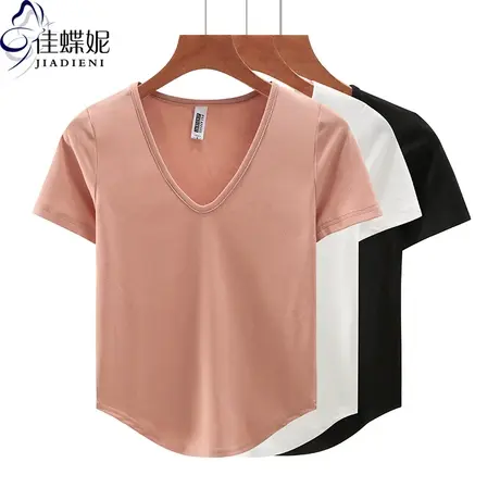 夏季新款韩版纯棉修身纯色圆领纯欲下摆圆弧短袖体恤上衣内搭女装商品大图