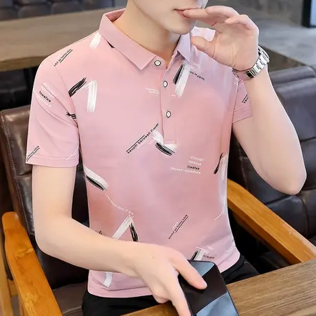 纯棉夏季新款男士潮流百搭休闲印花短袖T恤Polo衫韩版修身半袖汗商品大图