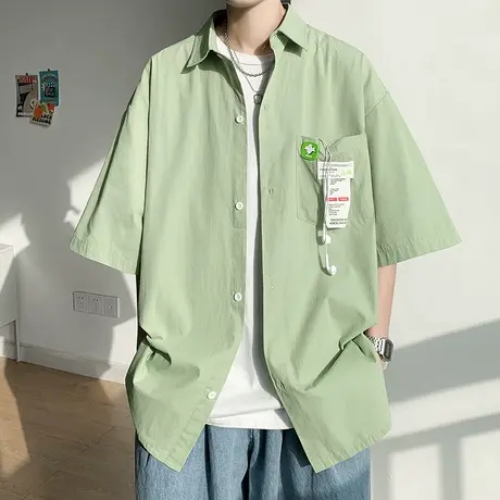 夏季宽松薄款港风短袖衬衫男2023年潮流新款简约透气外穿休闲衬衣商品大图