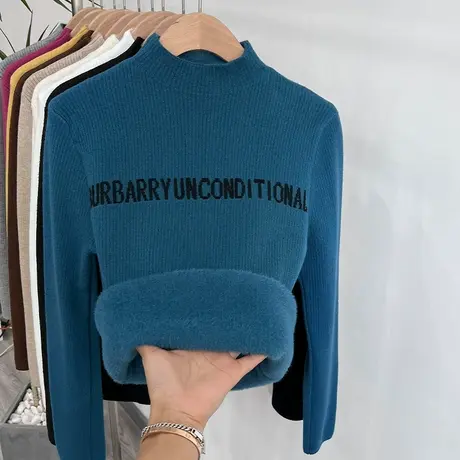 半高领针织打底衫女2023早春新款字母加绒加厚毛衣保暖内搭上衣商品大图