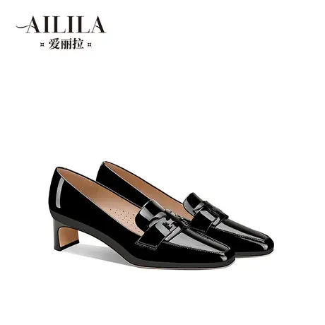 爱丽拉漆皮黑色粗跟单鞋2024新款不累脚舒适小个子气质百搭高跟鞋图片
