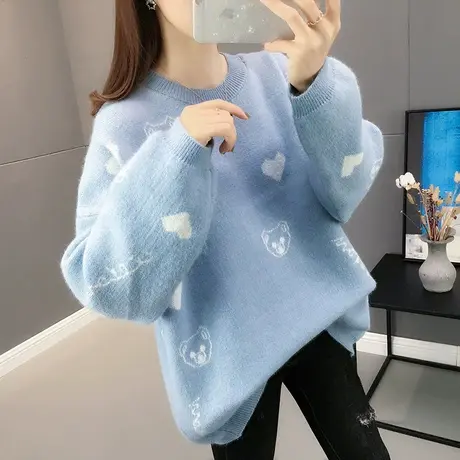 春装软奶蓝毛衣2020新款女宽松慵懒风外穿打底针织衫女装上衣加厚商品大图