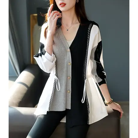 宝诗黎V领针织拼接收腰衬衫女2024新款宽松休闲开衫设计感衬衣春图片