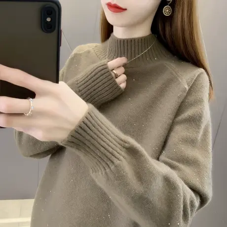 半高领毛衣女亮片加厚打底衫2025春秋新款套头宽松针织衫内搭上衣商品大图
