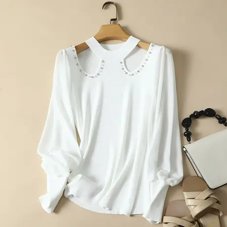 春装2024年新款雪纺袖冰丝针织衫女长袖套头上衣薄款打底衫女洋气商品大图