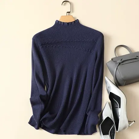 春装2024年新款蕾丝拼接半高领女士内搭针织显瘦洋气打底衫毛衣女商品大图