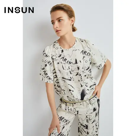 恩裳奥莱夏季艺术感印花撞色罗纹衣边休闲T恤图片