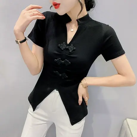 下摆不规则复古短袖T恤女国潮改良盘扣立领上衣洋气修身半袖小衫商品大图