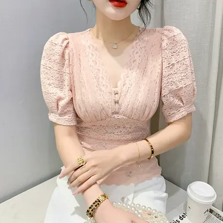 气质V领蕾丝衫女短袖2024夏装新款时尚泡泡袖上衣紧身百搭T恤衫潮图片