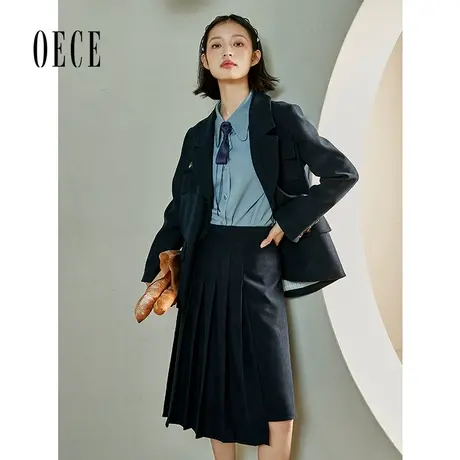 Oece气质半身裙秋女装文艺学院新款裙子复古短裙高腰百褶裙图片