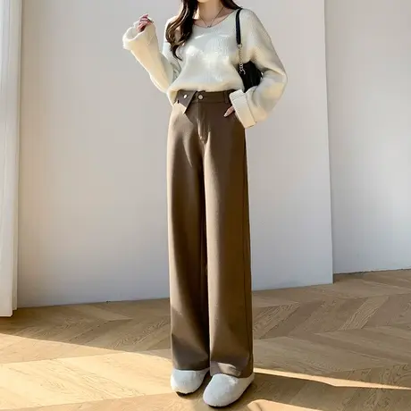毛呢阔腿裤女秋冬季2023年新款高腰垂感宽松咖啡色加厚直筒长裤子商品大图