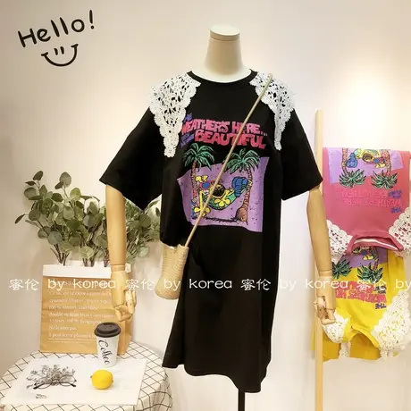 2020夏蕾丝娃娃领休闲连衣裙韩国东大门卡通宽松中长款T恤裙大码商品大图