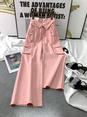 韩版大口袋牛仔工装裤女2023秋季新款显瘦百搭高腰阔腿裤宽松长裤商品大图